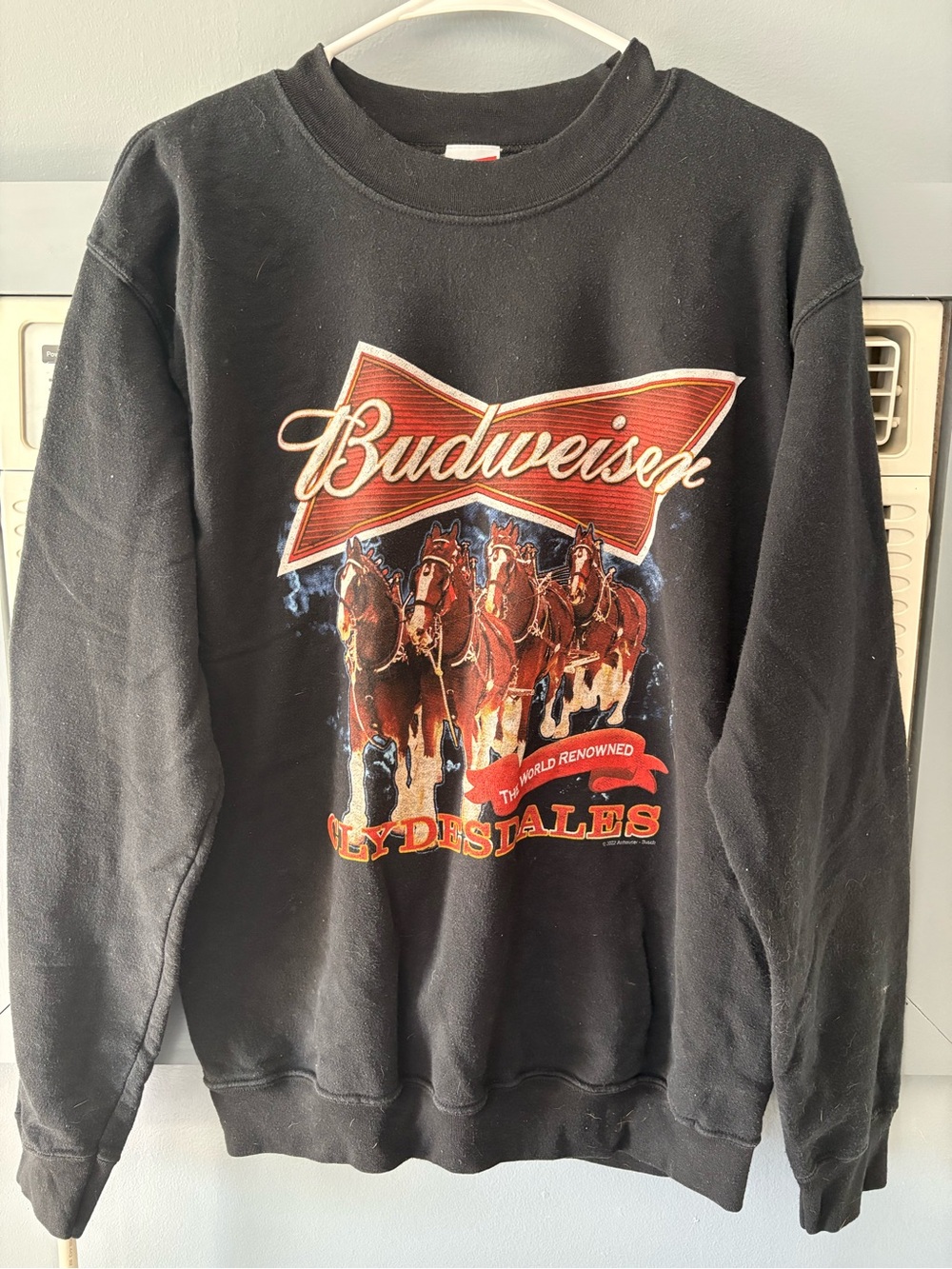 Junk Food Clothing Black Crewneck with Red Budweiser Clydesdales Graphic